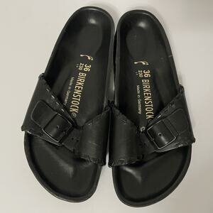Birkenstock Madrid Solid Black Leather Buckle Strap Woven Trim EU 36 US 5